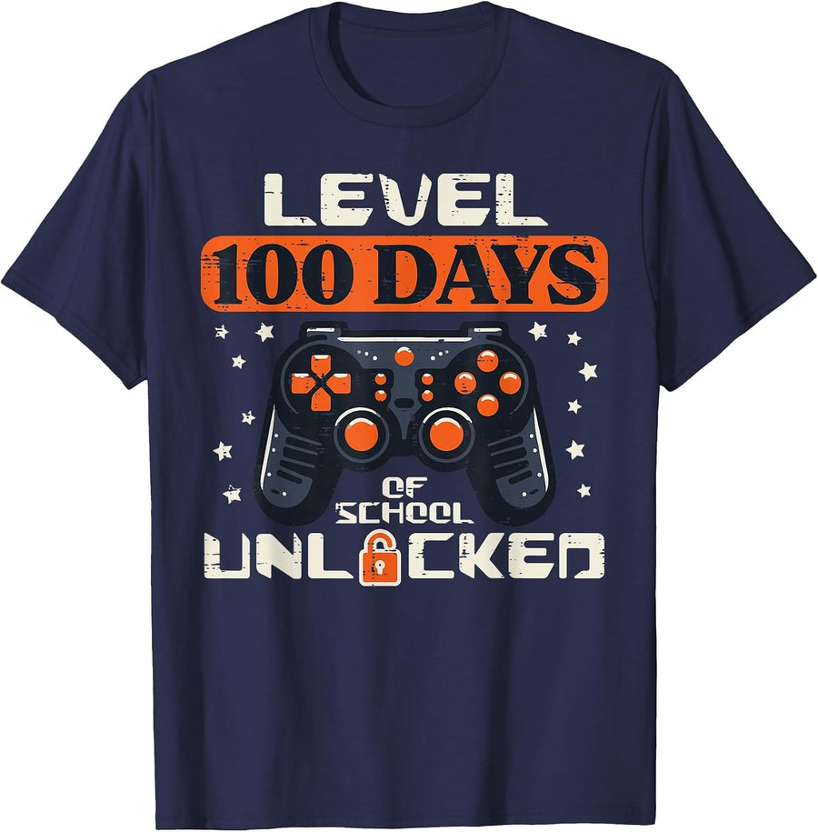 100 Days of School Video Game 100th Day Gaming Boys Kids Men T-Shirt - Navy Blue