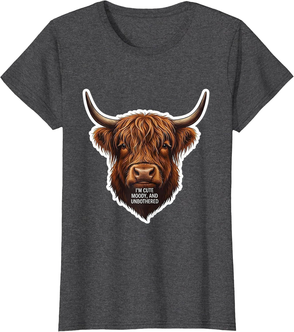 Women's I’m Cute Moody And Unbothered Highland Cow Character T-Shirt - Dark Heather Grey