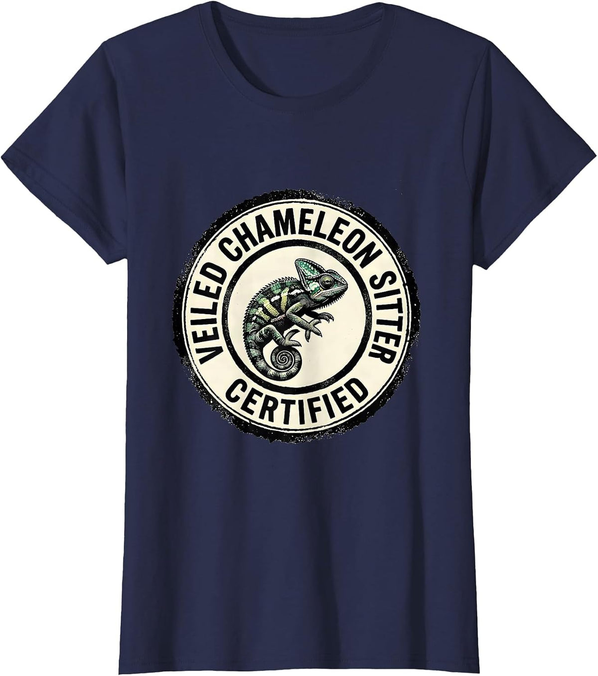 Women's Veiled Chameleon Sitter Certified Whimsical Fantasy Reptile T-Shirt - Navy Blue