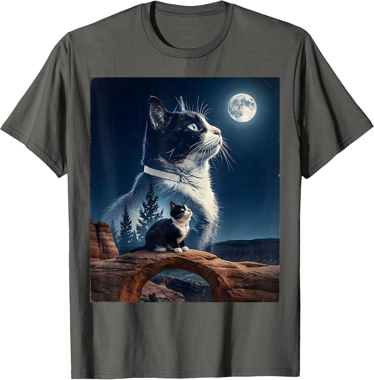 Tuxedo Cat Howling at Moon 90's Retro Vintage T-Shirt - Asphalt Grey
