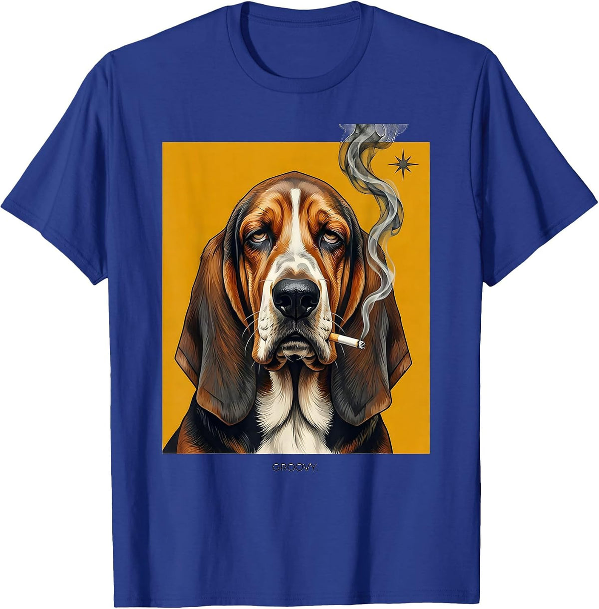 Groovy Midcentury Modern Basset Hound Stoner Cannabis Humor T-Shirt - Royal Blue