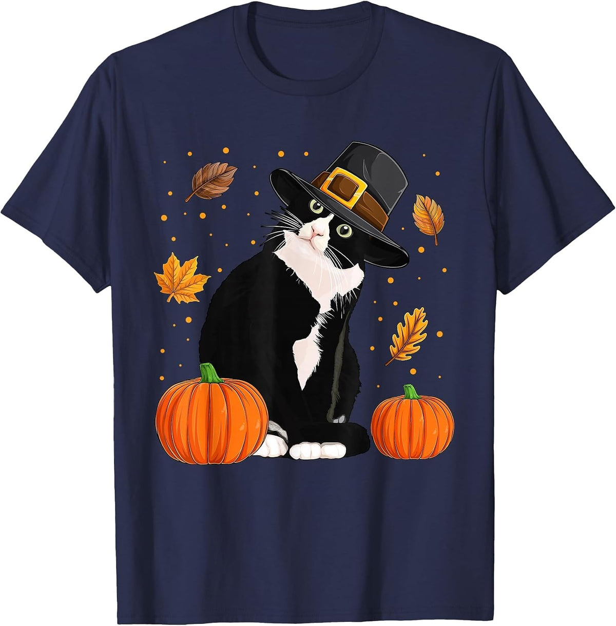 Pilgrim Turkey Cat Shirts, Men Women Thanksgiving Cat Lovers T-Shirt - Navy Blue