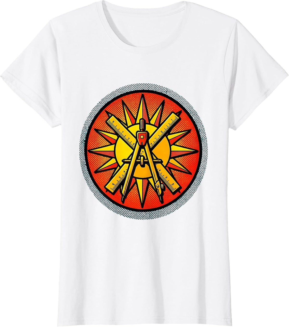 Women's Ruler and Compass Geometric Sun Illustration T-Shirt - White