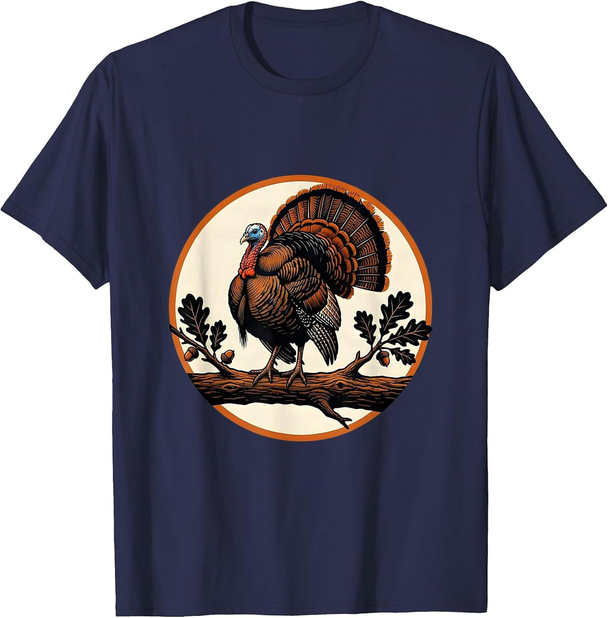 Men's Wild Turkey Perched on Oak Branch Illustration T-Shirt - Navy Blue