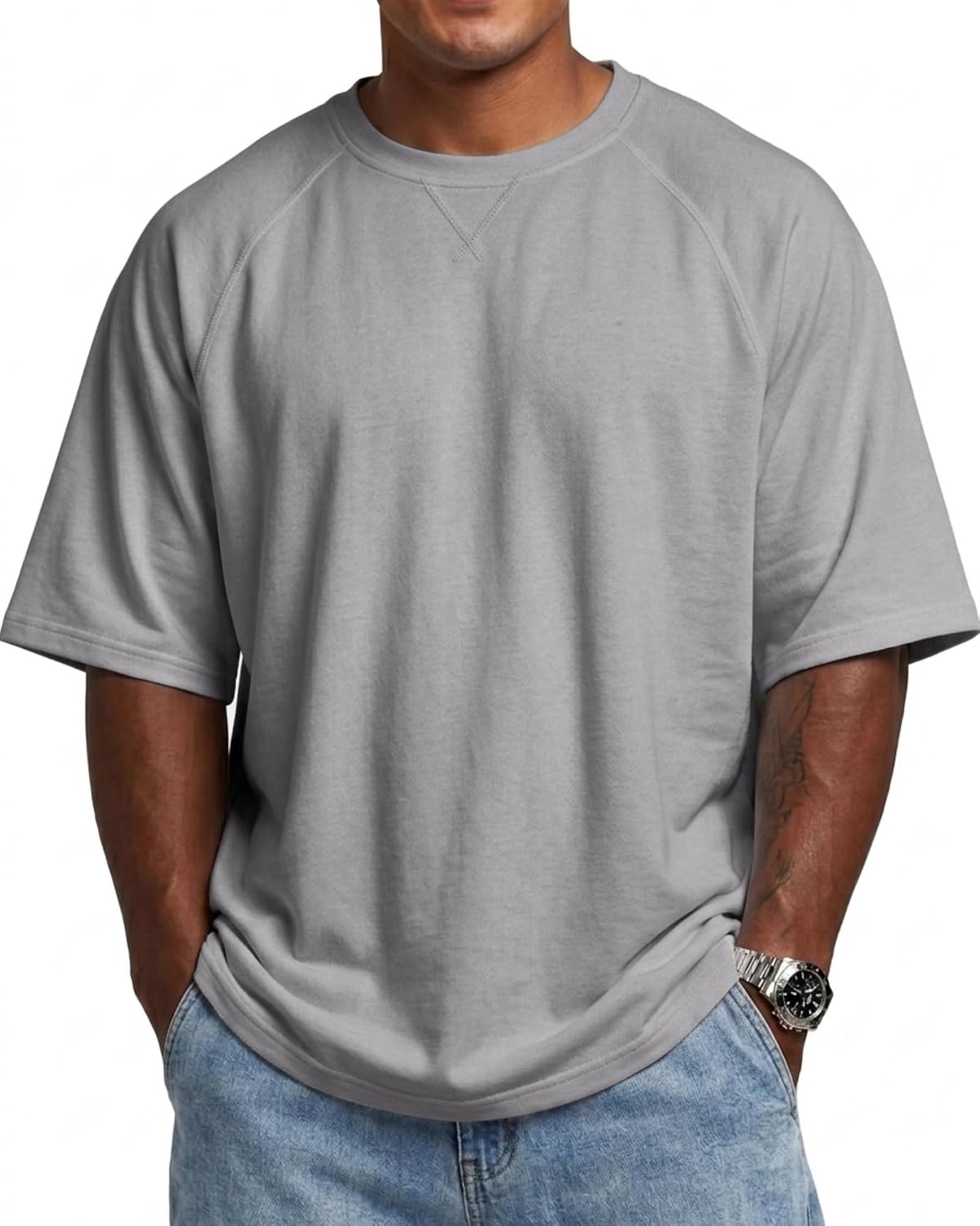 Mens Fashion Oversized T-Shirts Casual Short Sleeve Gym Workout Tee - Light Grey