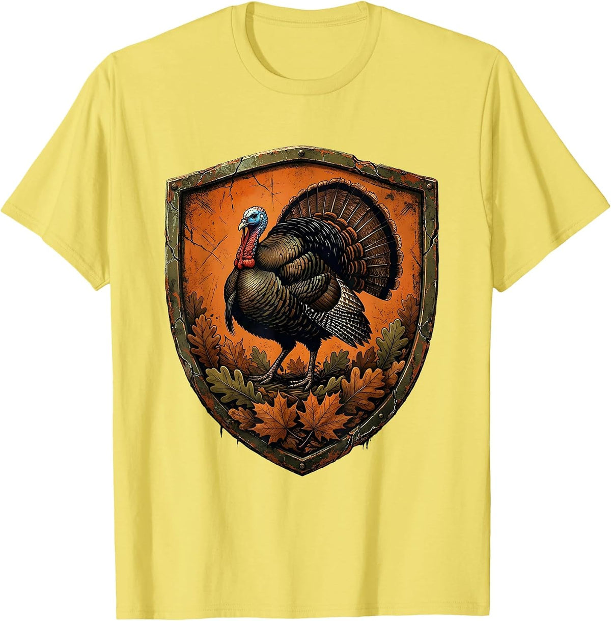 Men's Camo Turkey Striding Through Autumn Leaves T-Shirt - Lemon Yellow