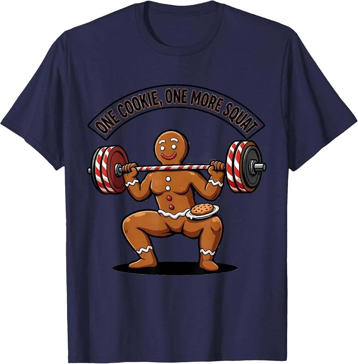 One Cookie One More Squat Funny Gingerbread Gym Christmas T-Shirt - Navy Blue
