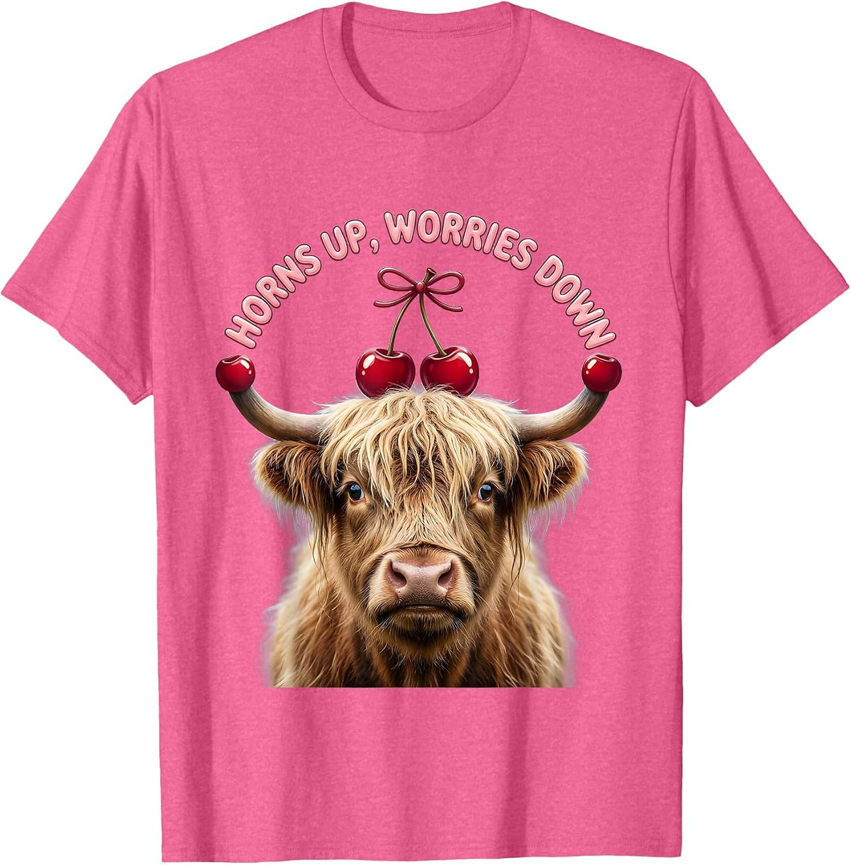 Horns Up Worries Down Highland Cow Design T-Shirt - Pink Heather