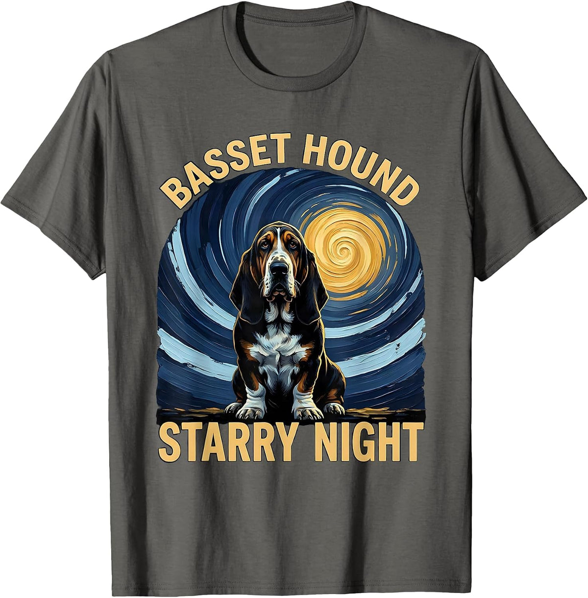 Men's Basset Hound Starry Night Whimsical Pet Lover Van Gogh T-Shirt - Asphalt Grey