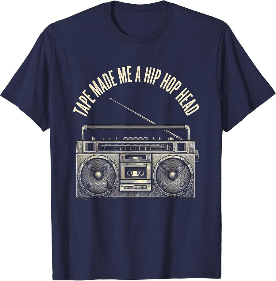Tape Made Me A Hip Hop Head Funny Retro Boombox Nostalgia T-Shirt - Navy Blue