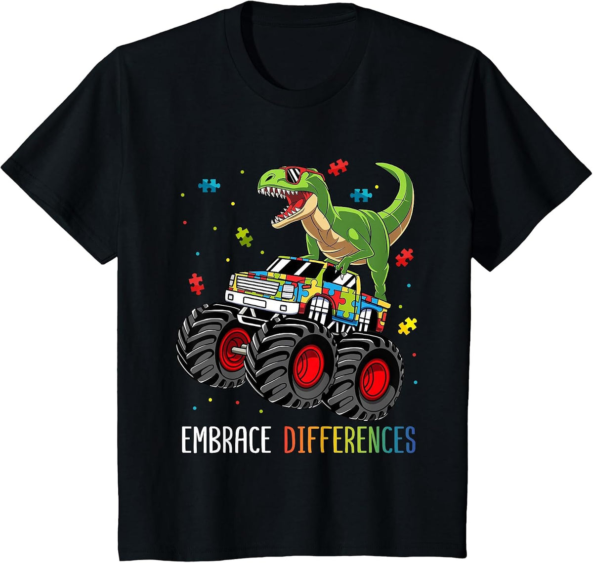 Autism Awareness T-Rex Monster Truck Embrace Differences T-Shirt - Black