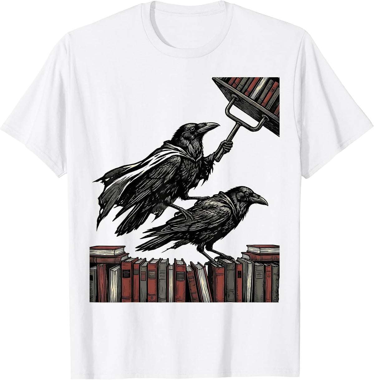 Men's Caped Crows Linocut Teacher Back-To-School Humor T-Shirt - White