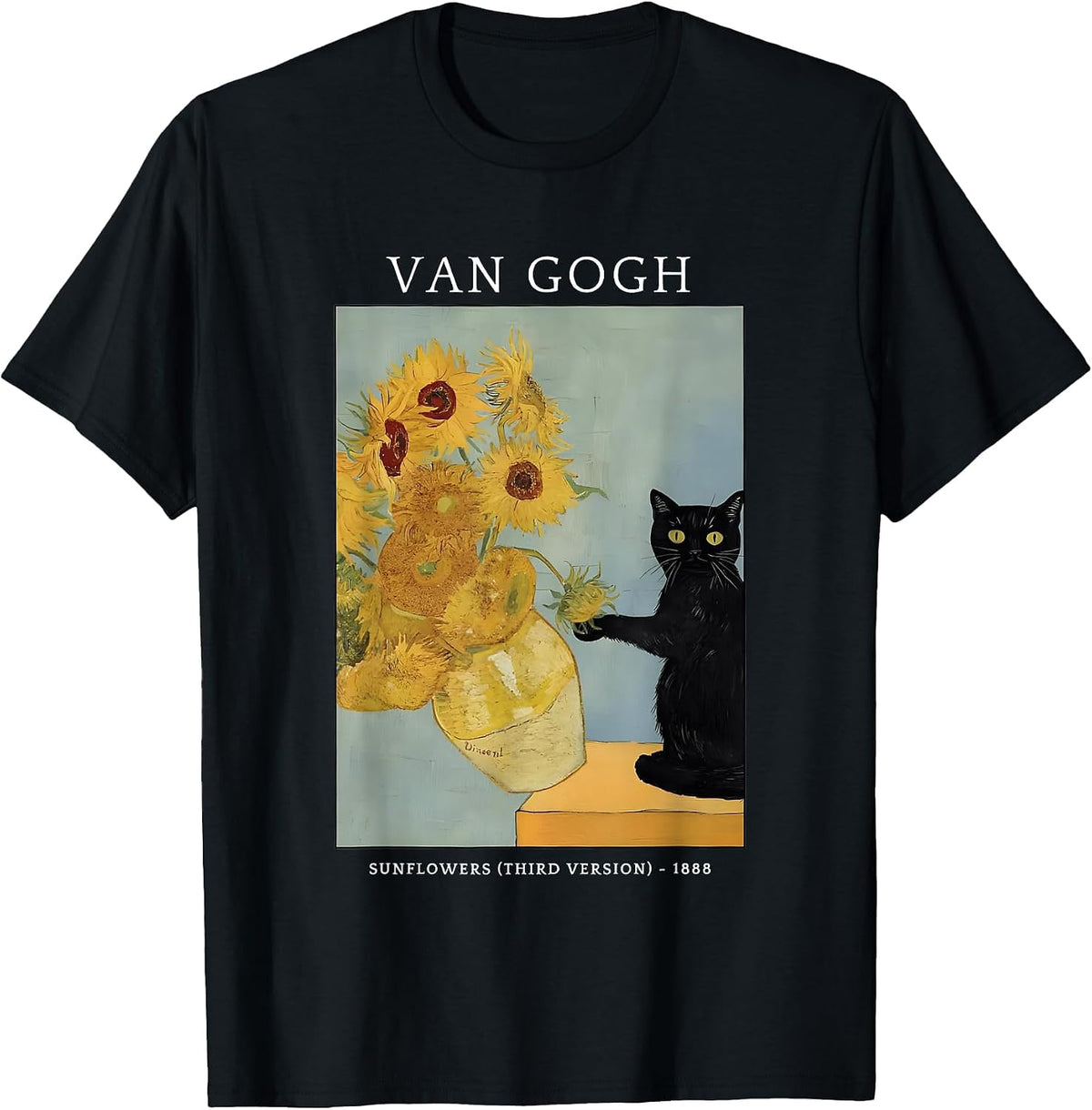 Funny Van Gogh Sunflowers Cat Meme Van Gogh Art Graphic T-Shirt - Black