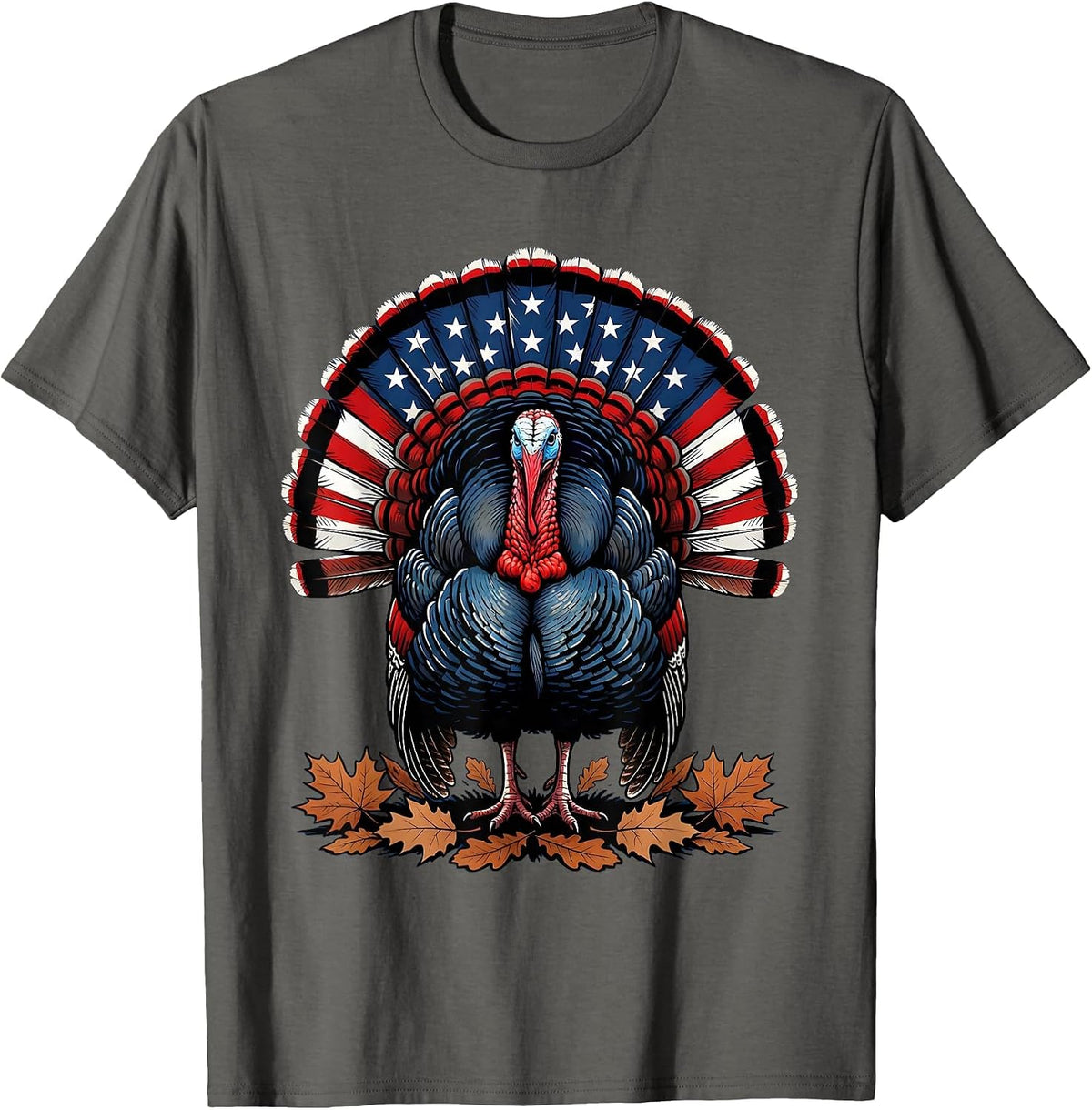 Men's Wild Turkey Strutting Autumn Leaves Thanksgiving T-Shirt - Asphalt Grey