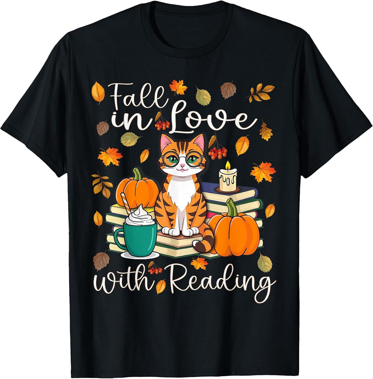 Cat Fall in Love with Reading Book Lover Autumn T-Shirt - Black