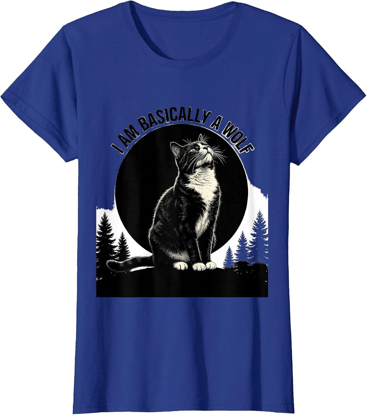 Women's I Am Basically a Wolf Tuxedo Cat Howling at Moon 90s Retro T-Shirt - Royal Blue