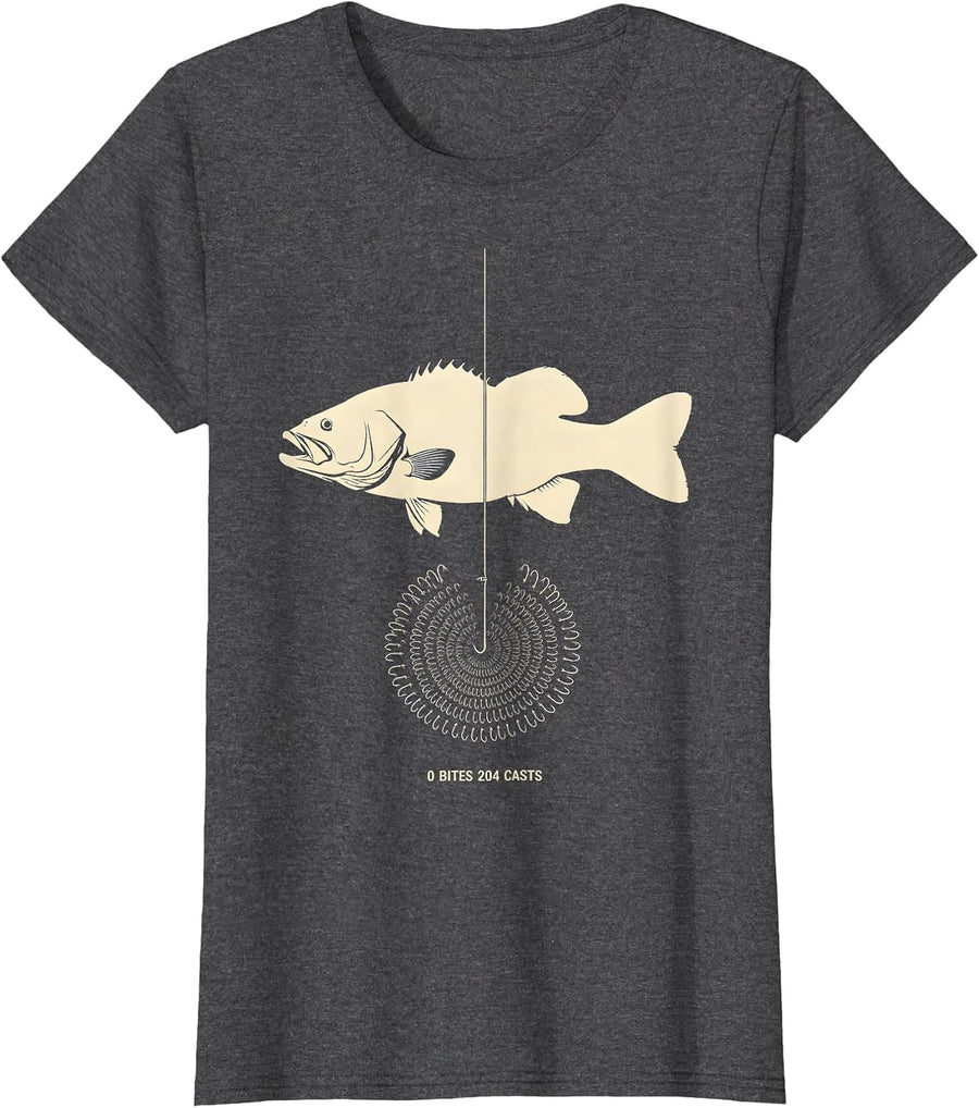 Women's 0 Bites 204 Casts Funny Bass Fishing Humor Fisherman Gift T-Shirt - Dark Heather Grey