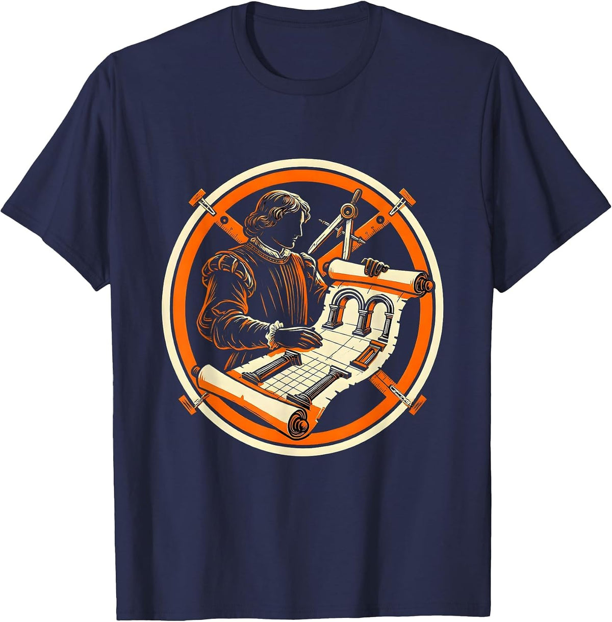 Men's Renaissance Architect Unrolling Blueprint Scroll T-Shirt - Navy Blue