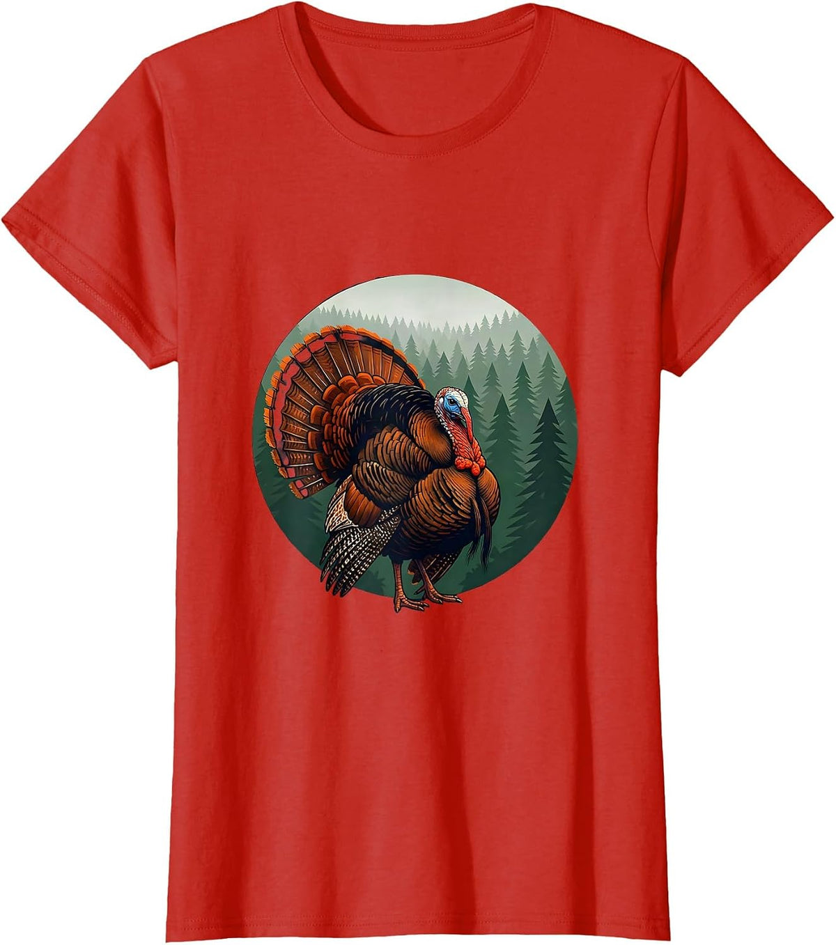 Women's Turkey Strutting Through Pine Forest Illustration T-Shirt - Red