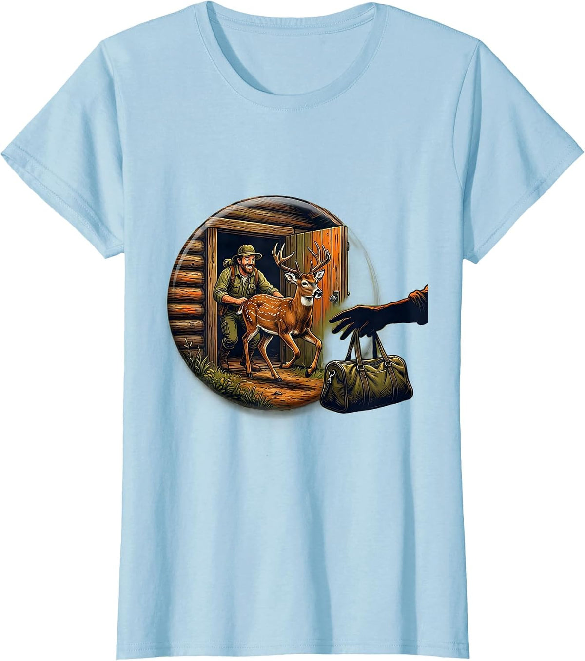 Women's Sealed Hunter Dad Whitetail Buck Cabin Illustration T-Shirt - Baby Blue