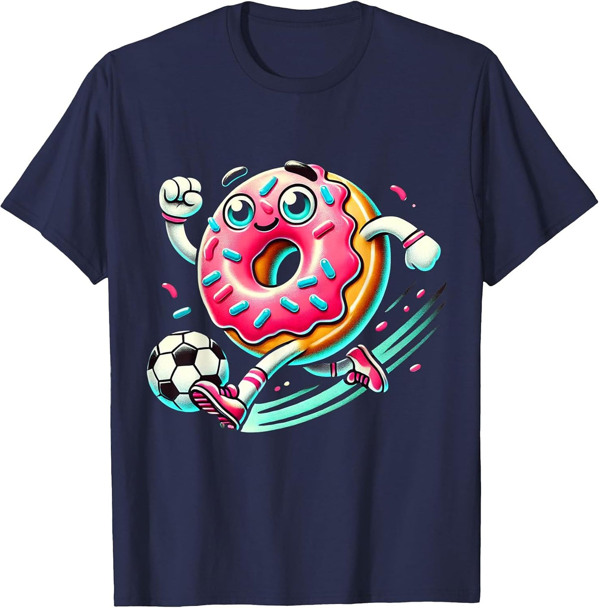 Funny Donut Playing Soccer Food Champ Sports Donut T-Shirt - Navy Blue