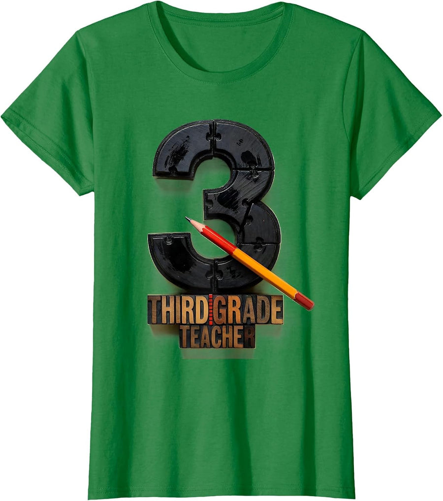 Women's Third Grade Teacher Wood Type Letterpress Back To School T-Shirt - Kelly Green