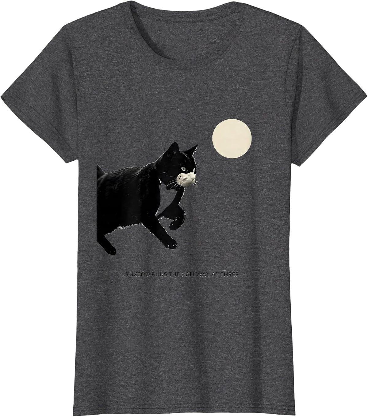Women's Tuxedo Runs the Hallway at Three Minimalist 90s Retro Cat T-Shirt - Dark Heather Grey