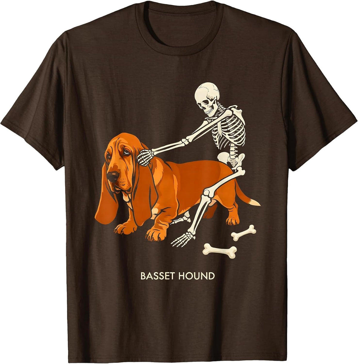 Men's Basset Hound Funny Skeleton Chasing Halloween Dog Mom Pet T-Shirt - Brown