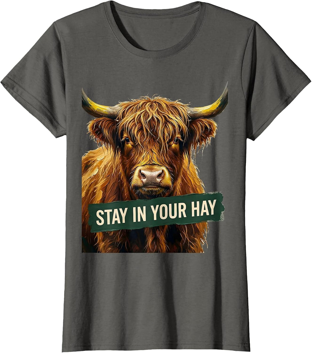 Women's Stay In Your Hay Funny Highland Cow Farm Humor Novelty T-Shirt - Asphalt Grey