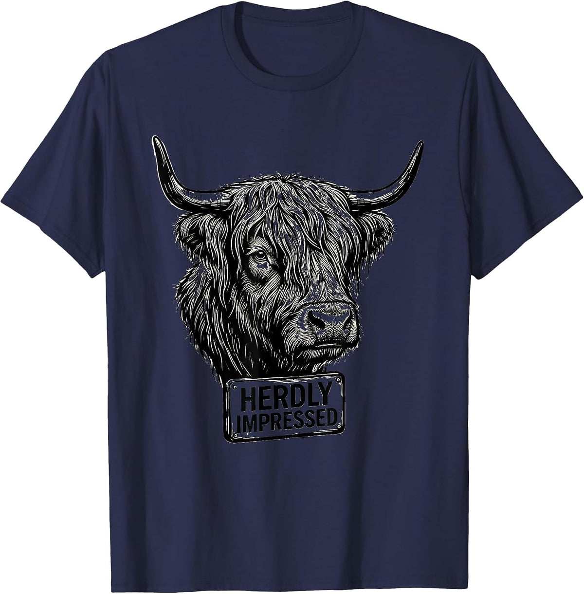 Herdly Impressed Funny Highland Cow Farm Humor Novelty T-Shirt - Navy Blue