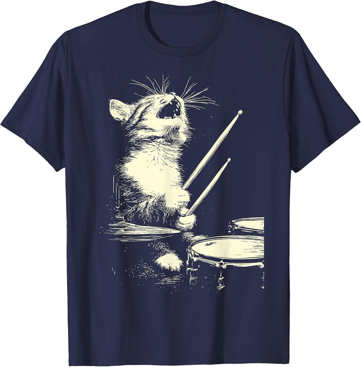 Cute Tabby Cat Playing Drums Funny Music Feline Drummer T-Shirt - Navy Blue