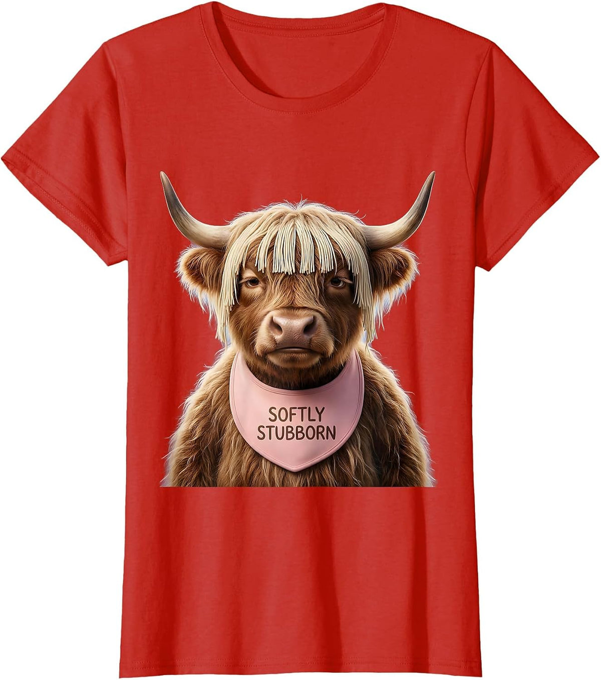 Softly Stubborn Cute Kawaii Highland Cow Novelty Humor T-Shirt - Red