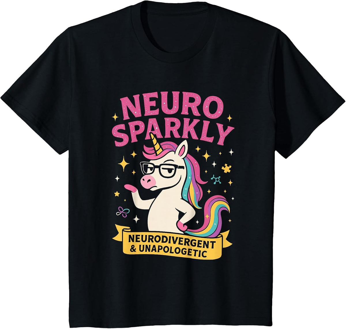 Neuro Sparkly Autism Awareness Neurodivergent ADHD Unicorn Tees T Shirts - Black