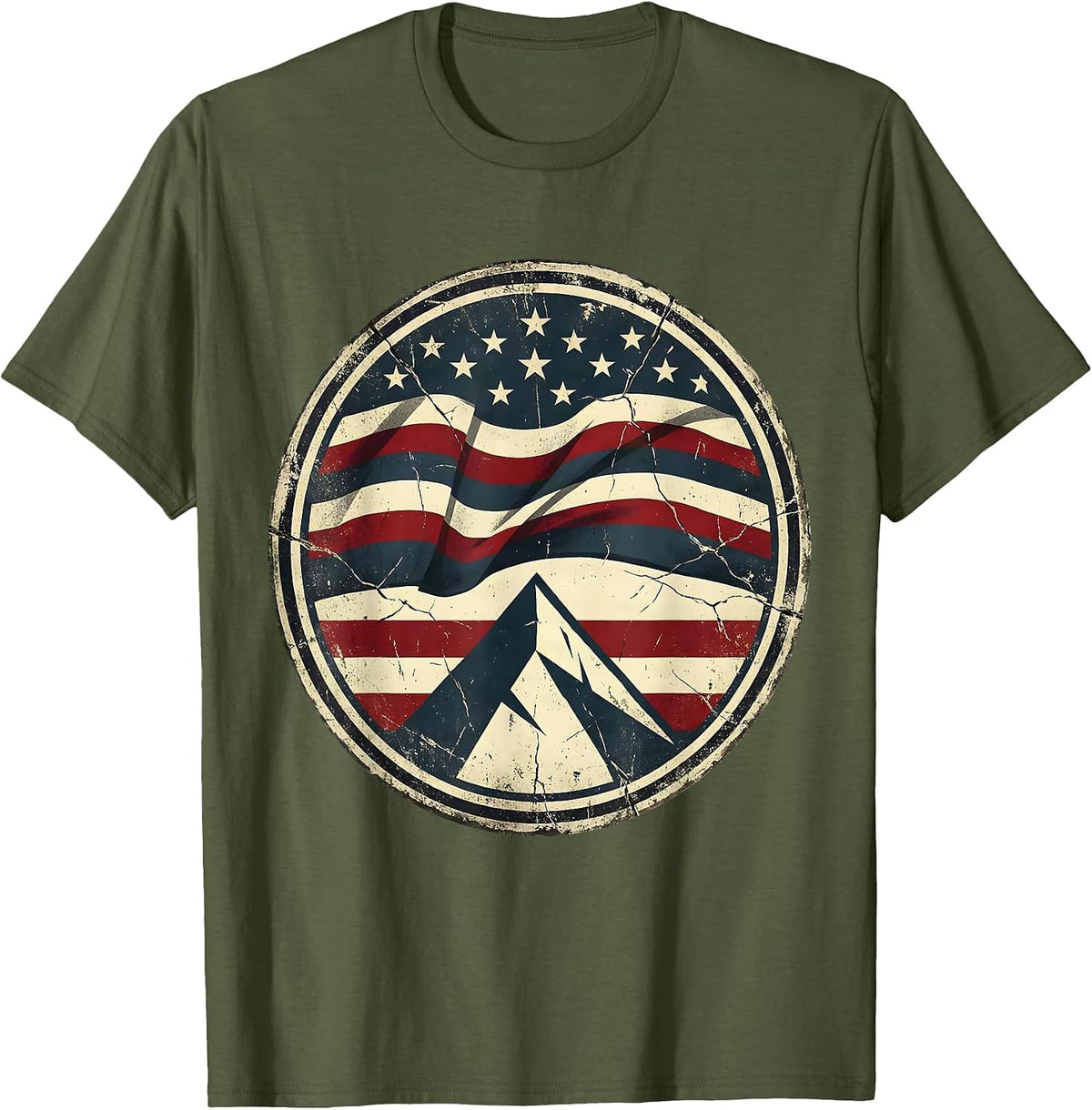 Weathered American Flag Over Mountain Peak T-Shirt - Olive Green