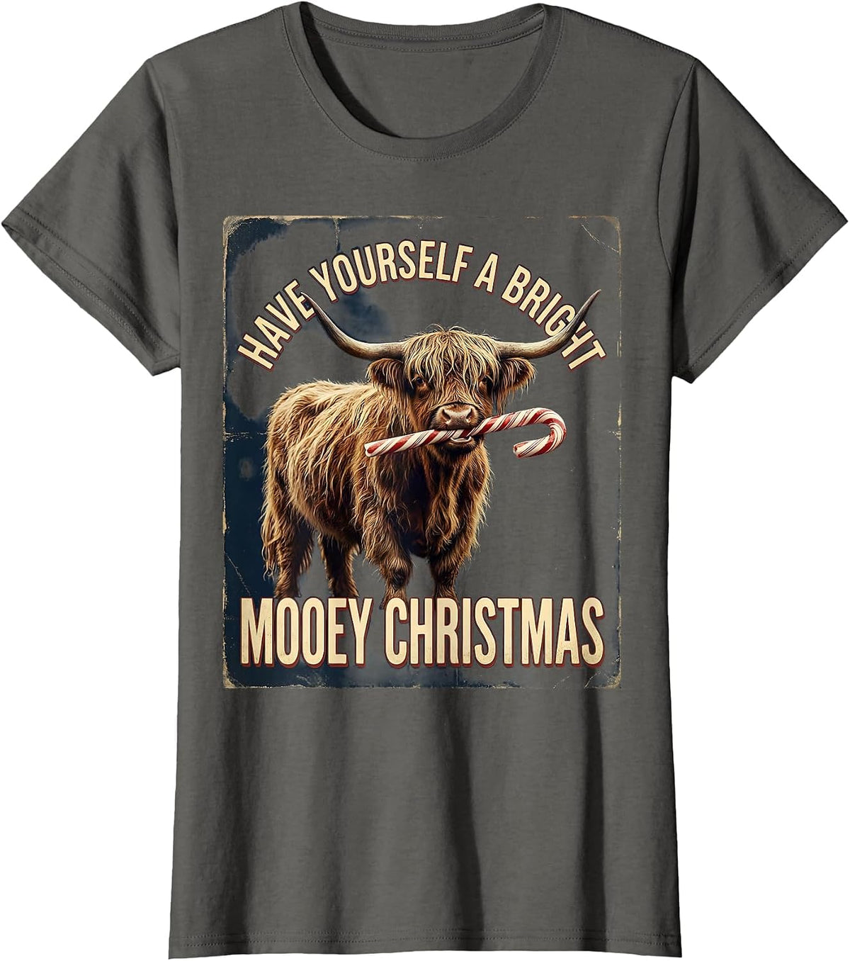 Women's Have Yourself A Bright Mooey Christmas Vintage Highland Cow T-Shirt - Asphalt Grey
