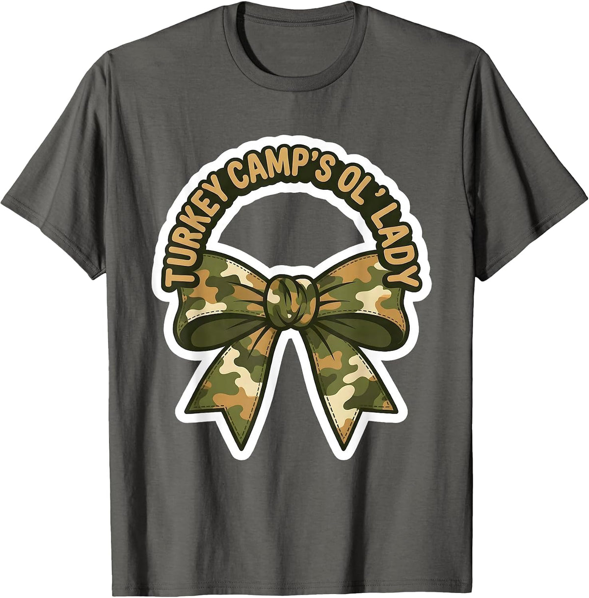 Turkey Camp's Ol' Lady Camo Bow Hunting Coquette T-Shirt - Asphalt Grey
