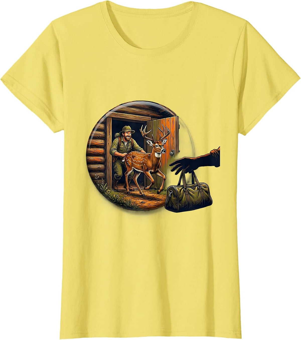 Women's Sealed Hunter Dad Whitetail Buck Cabin Illustration T-Shirt - Lemon Yellow
