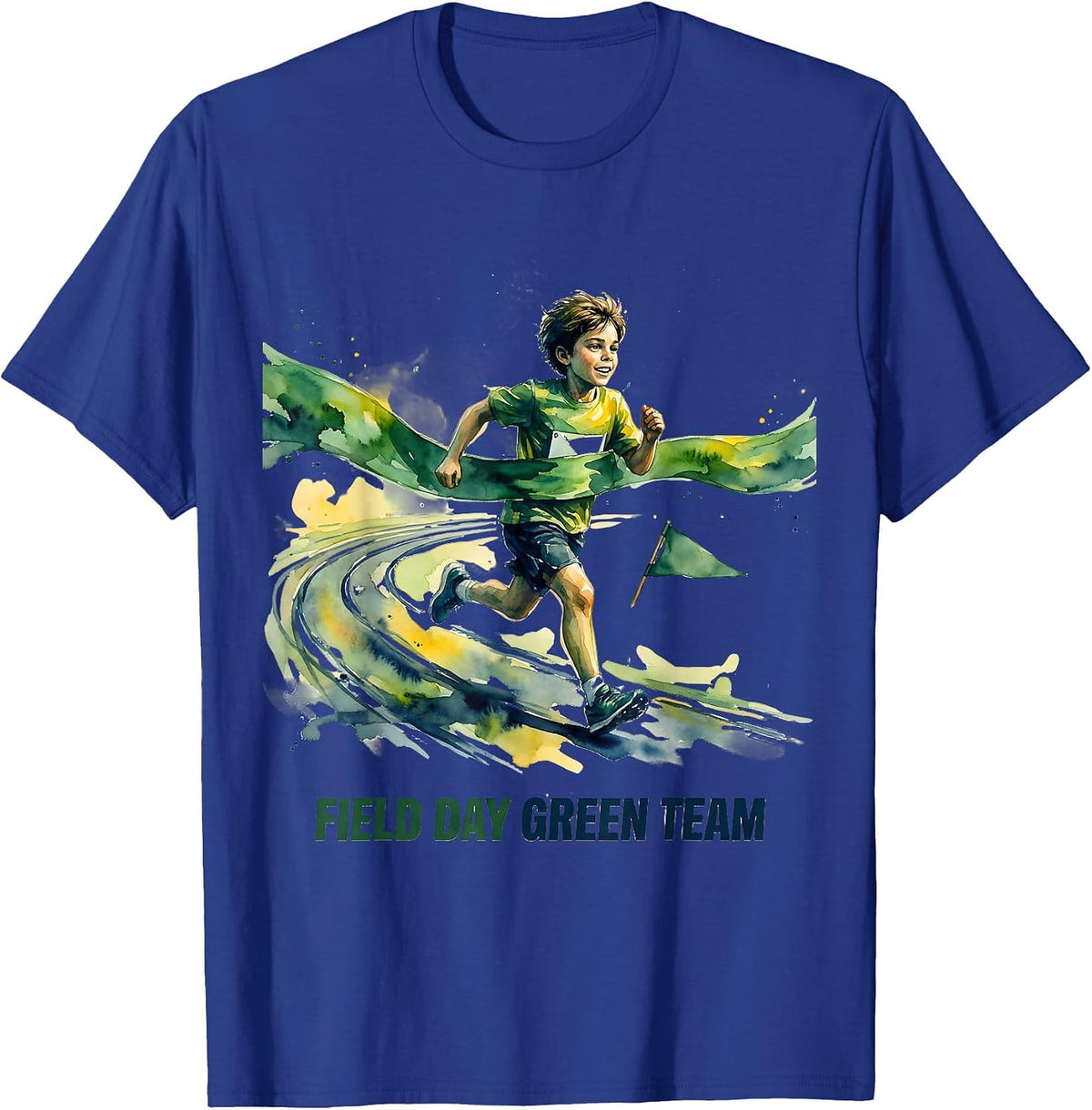 Field Day Green Team Watercolor Child Runner Track Ribbon T-Shirt - Royal Blue