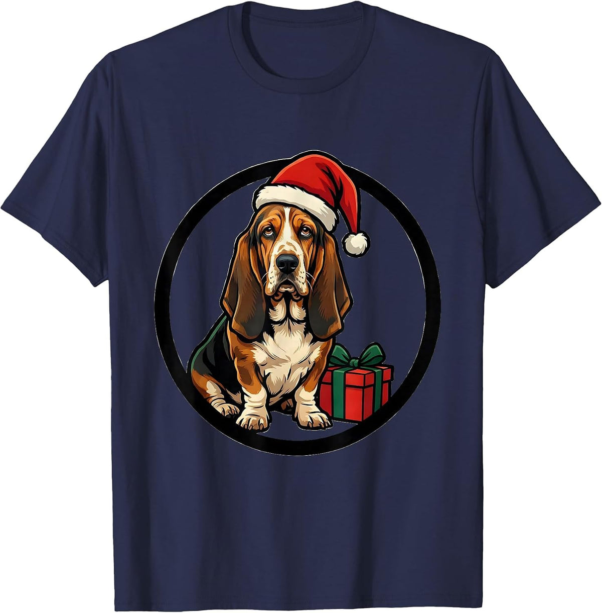 Basset Hound Christmas Badge Santa Hat Dog Lover Gift T-Shirt - Navy Blue