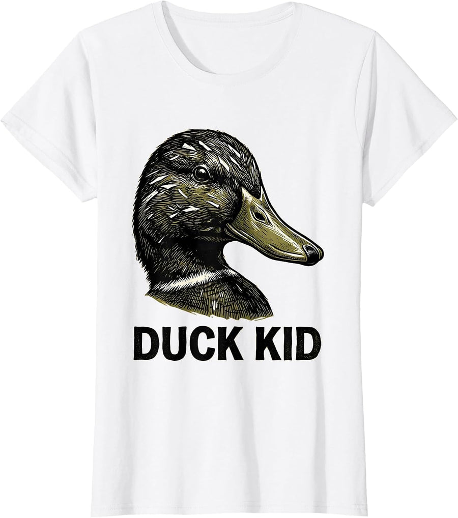 Women's Duck Kid Woodcut Engraving Camo Hunting Youth Humor T-Shirt - White