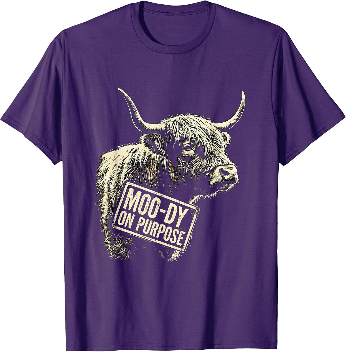 Moo-dy On Purpose Funny Highland Cow Farm Humor T-Shirt - Purple
