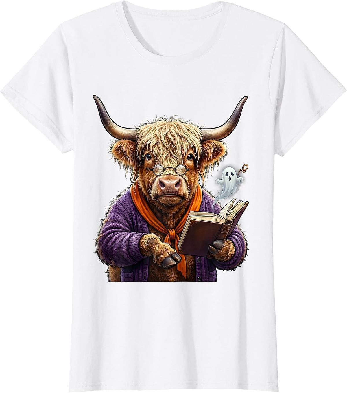 Women's Shaggy Highland Cow Haunted Librarian Halloween Humor T-Shirt - White