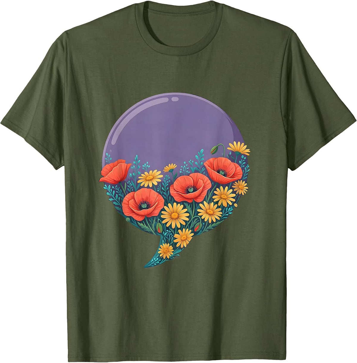 Men's Speech Bubble Wildflower Bloom Graphic Design T-Shirt - Olive Green