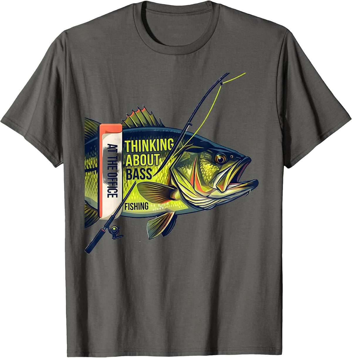 Men's At The Office Thinking About Bass Fishing Funny T-Shirt - Asphalt Grey