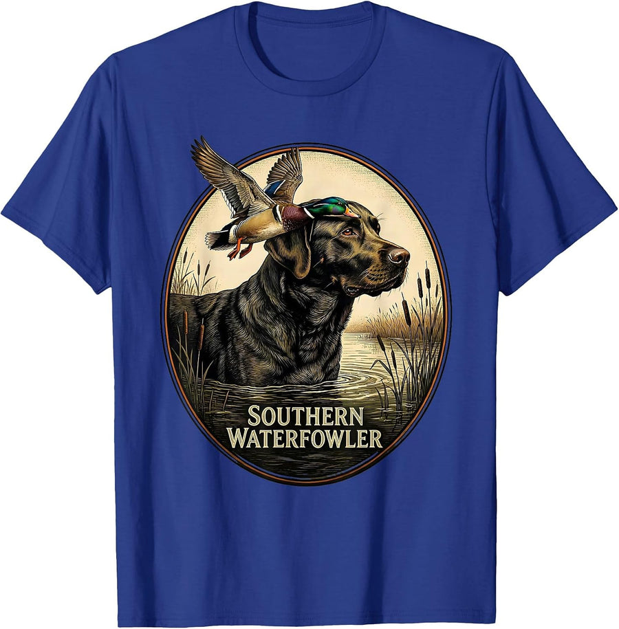Southern Waterfowler Vintage Labrador Duck Hunting Emblem T-Shirt - Royal Blue
