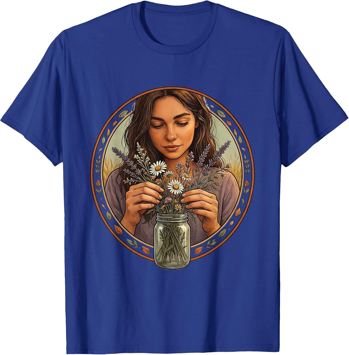 Wildflower Mason Jar Auntie Floral Illustration T-Shirt - Royal Blue