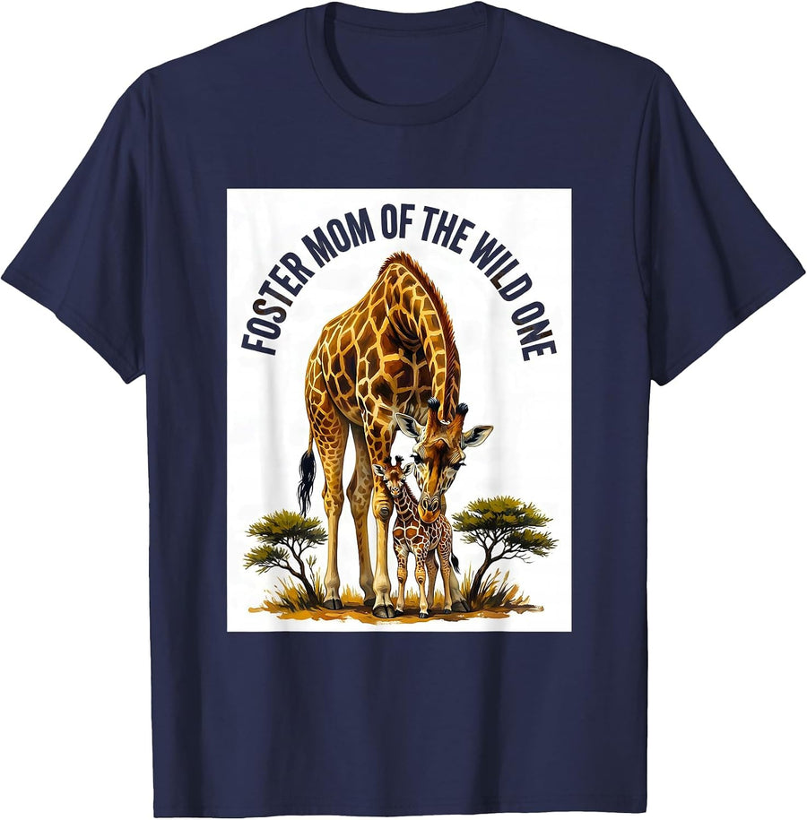 Foster Mom Of The Wild One Cute Giraffe Zoo Safari Kids T-Shirt - Navy Blue