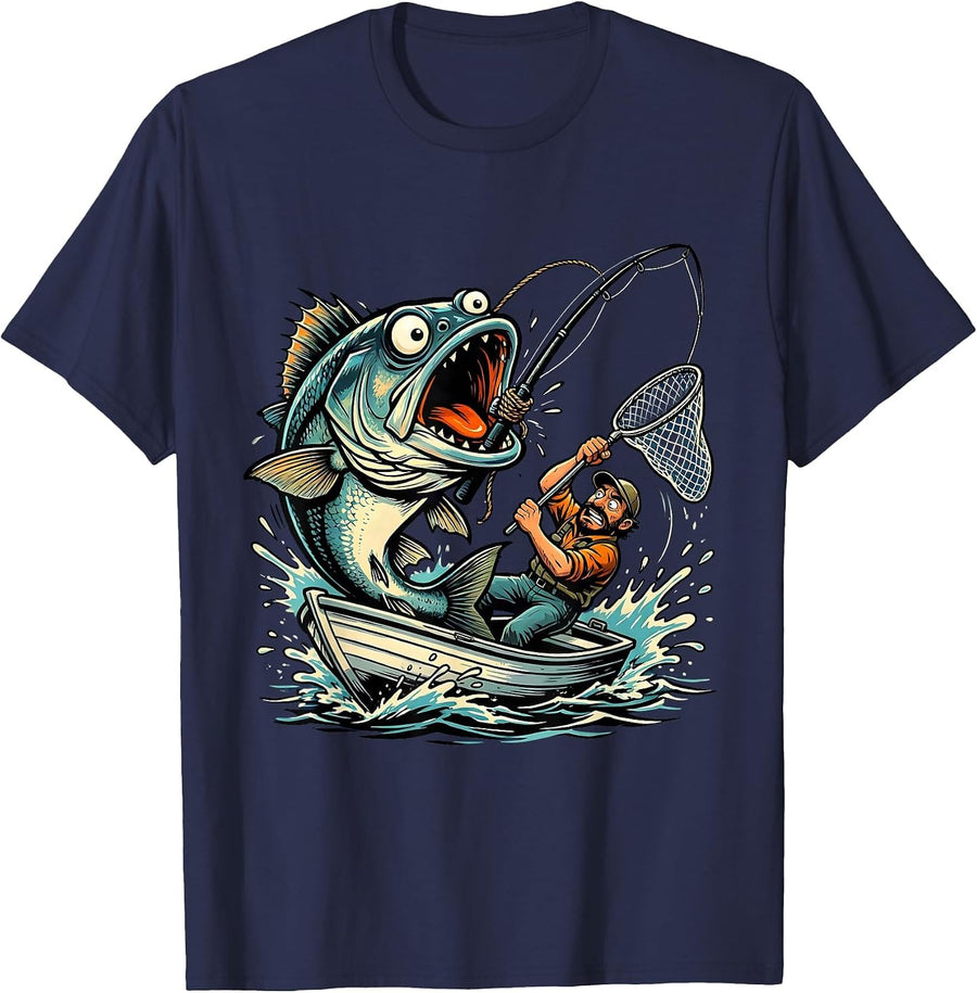 Angler Towed by Bass Funny Fishing Dad Gift T-Shirt - Navy Blue