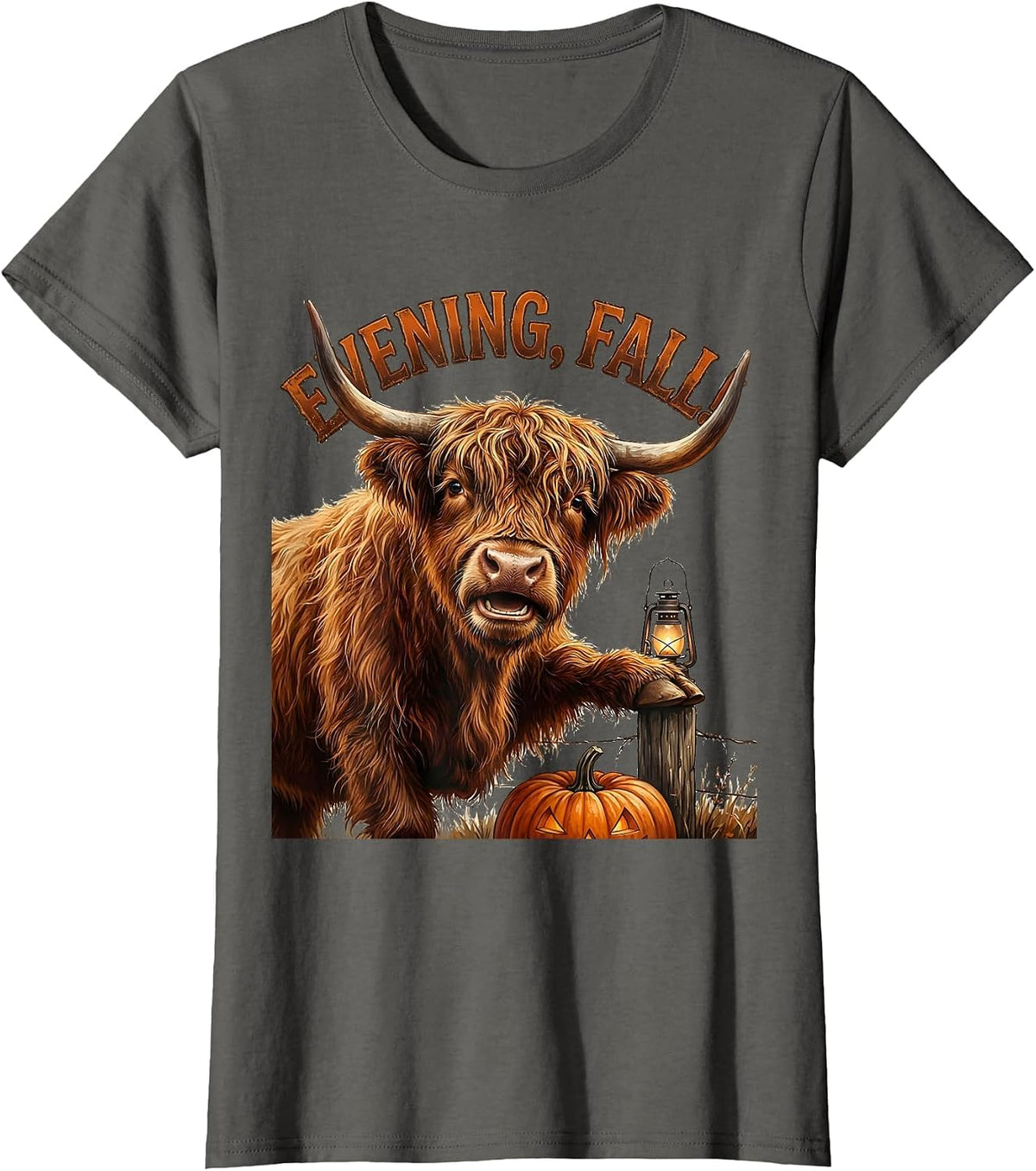 Women's Evening, Fall! Whimsical Highland Cow Halloween Humor T-Shirt - Asphalt Grey