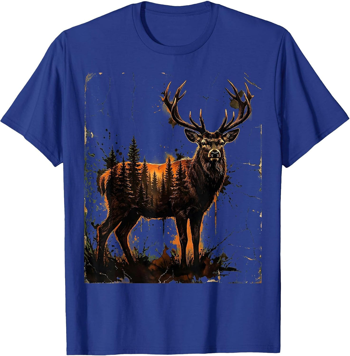 Buck Deer Silhouette Misty Forest Hunting Design T-Shirt - Royal Blue